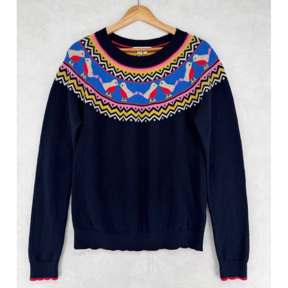Boden Edie Fair Isle Bird Sweater Women's M Navy Alpaca Wool Intarsia Colorful
